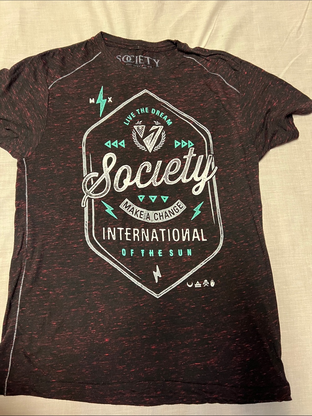 Society Men's Short-Sleeve Graphic Tee - Black/Red with Teal and White Size Larg